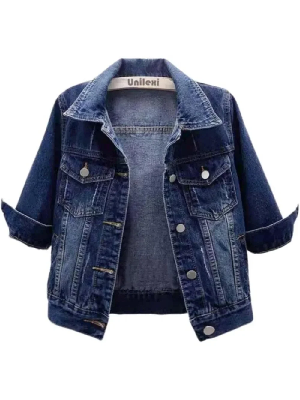 Stylish Women's Light Wash Cropped Denim Jacket with 3/4 Sleeves - Trendy